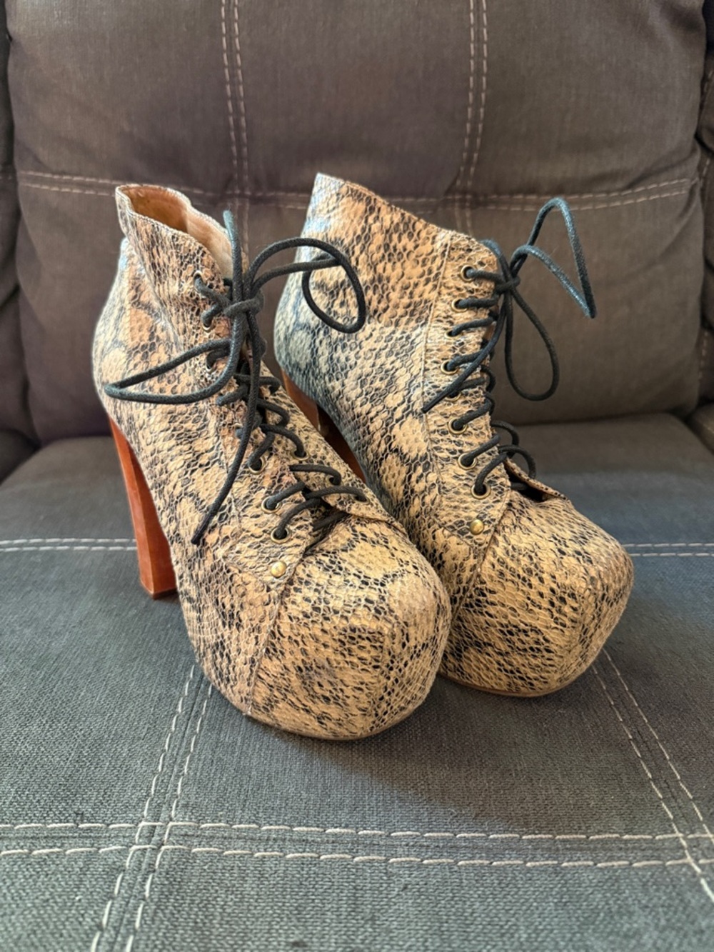 Jeffrey Campbell Lita EX Snake Skin Print Platform Block Heel Lace Up Booties - Picture 2 of 11